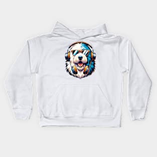 Old English Sheepdog as Smiling DJ with Headphones and Sunglasses Kids Hoodie